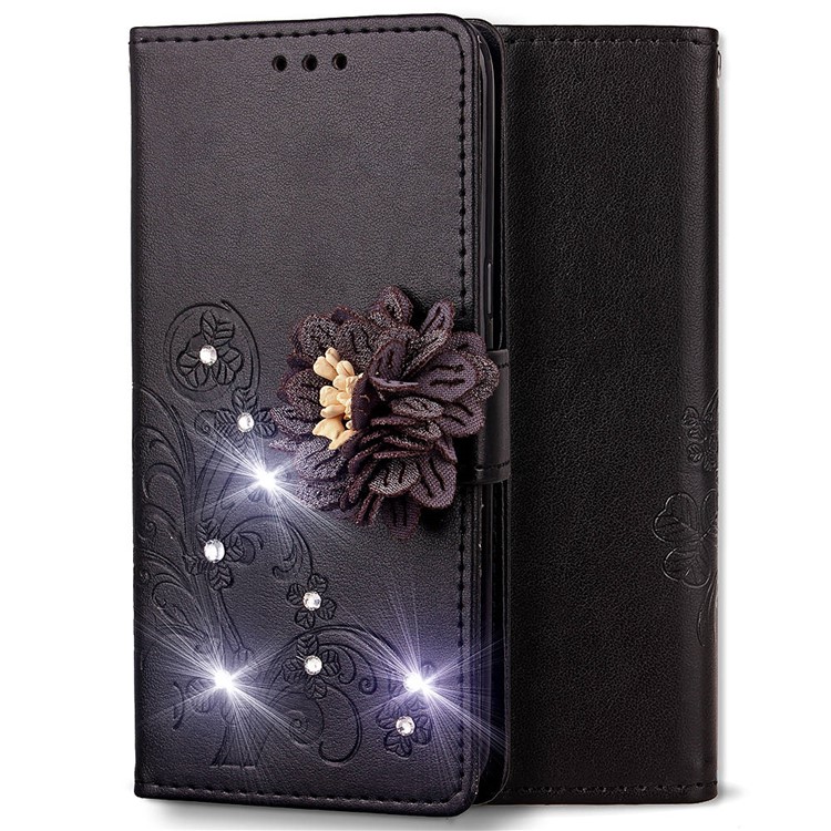 For Sony Xperia XZ3 3D Flower Leather Case / Wallet / Imprint Flower / Rhinestone Decor - Black-3