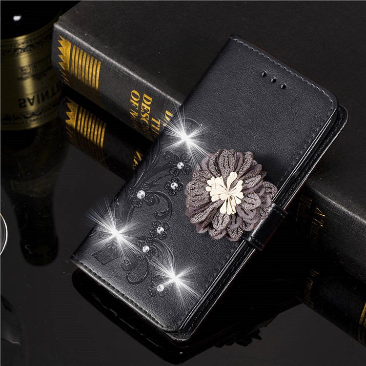 For Sony Xperia XZ3 3D Flower Leather Case / Wallet / Imprint Flower / Rhinestone Decor - Black-8