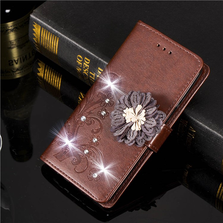 For Sony Xperia XZ3 [3D Flower] Leather Protection Shell / Wallet / Imprint Flower / Rhinestone Decor - Brown-9