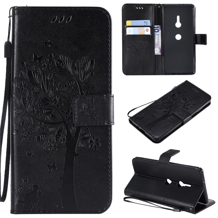 Imprint Cat and Tree Wallet Stand PU Leather Case with Lanyard for Sony Xperia XZ3 - Black-1