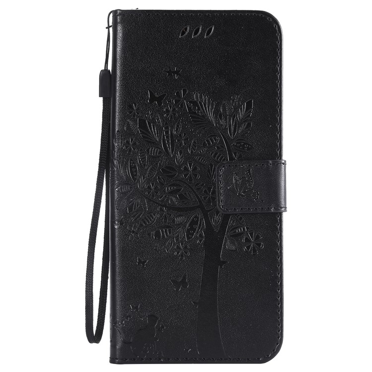 Imprint Cat and Tree Wallet Stand PU Leather Case with Lanyard for Sony Xperia XZ3 - Black-2