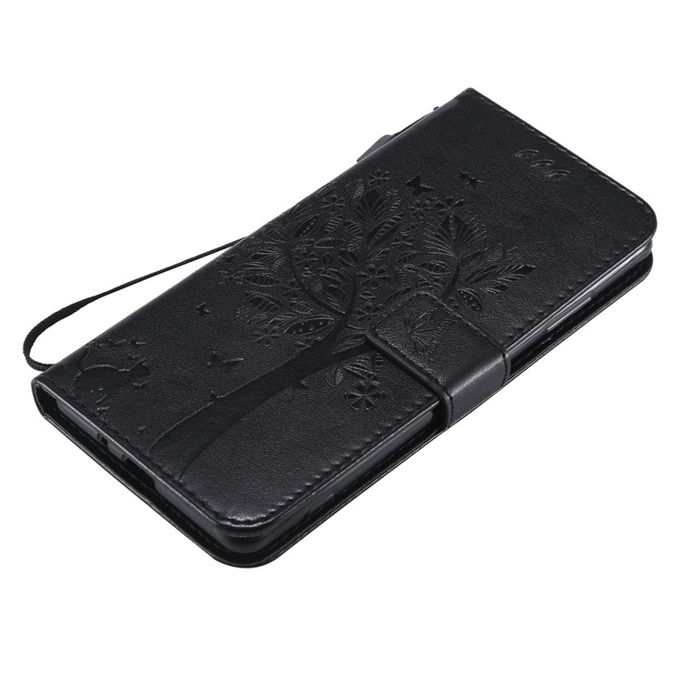 Imprint Cat and Tree Wallet Stand PU Leather Case with Lanyard for Sony Xperia XZ3 - Black-5