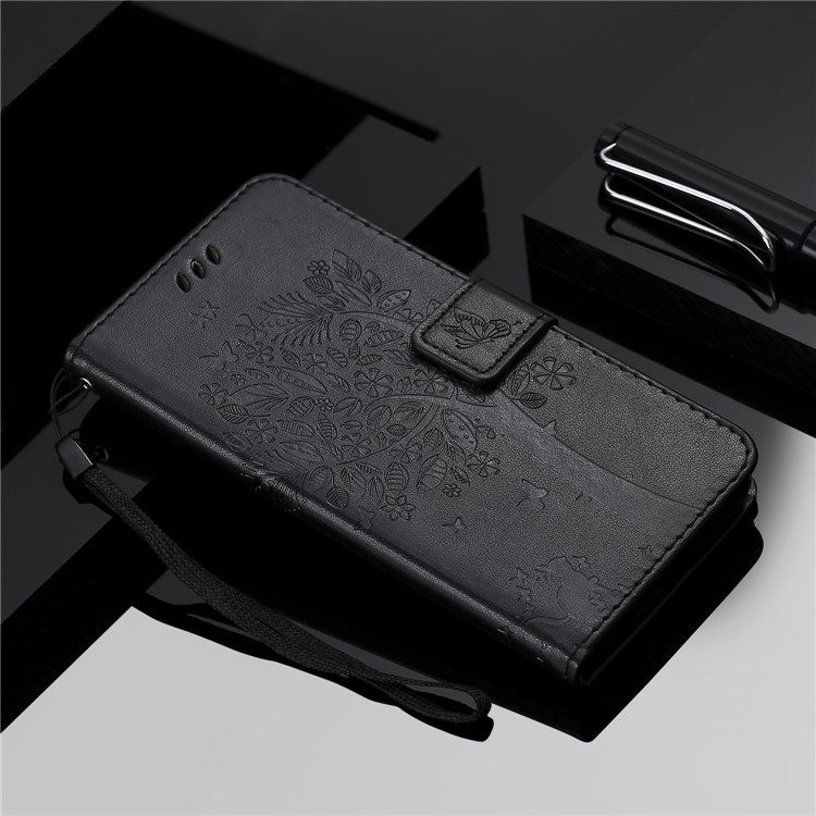 Imprint Cat and Tree Wallet Stand PU Leather Case with Lanyard for Sony Xperia XZ3 - Black-8