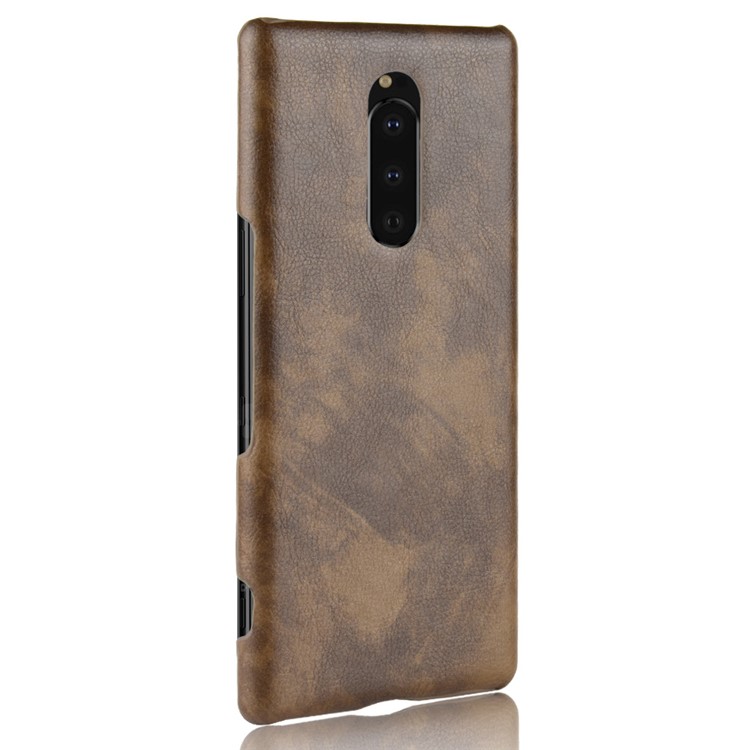 Litchi Texture PU Leather Coated Plastic Case Accessory for Sony Xperia 1 - Brown-3