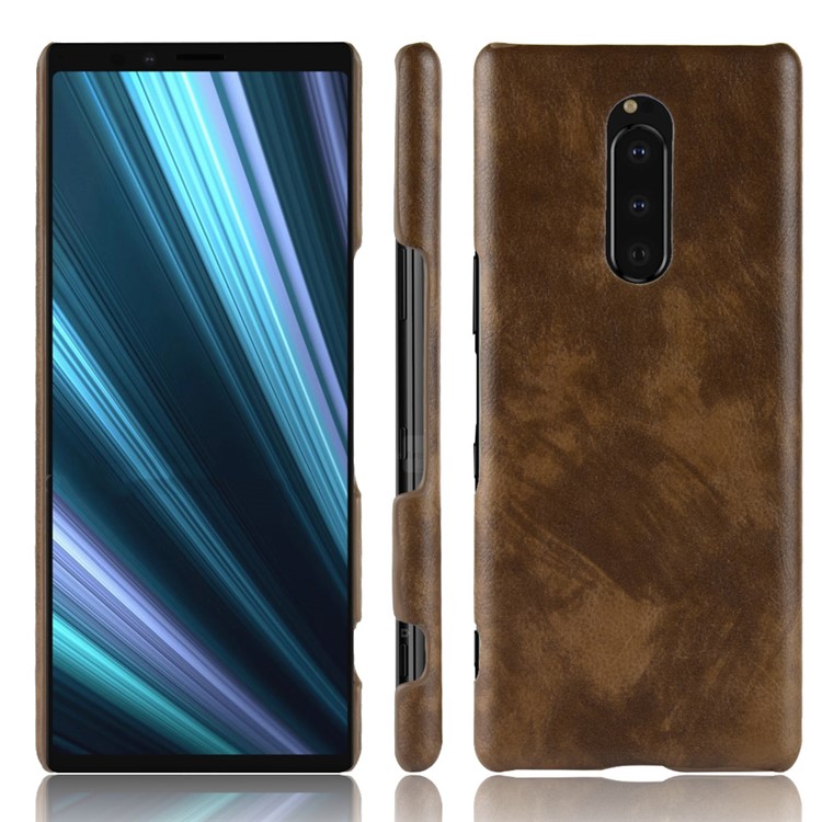 Litchi Texture PU Leather Coated Plastic Case Accessory for Sony Xperia 1 - Brown-5
