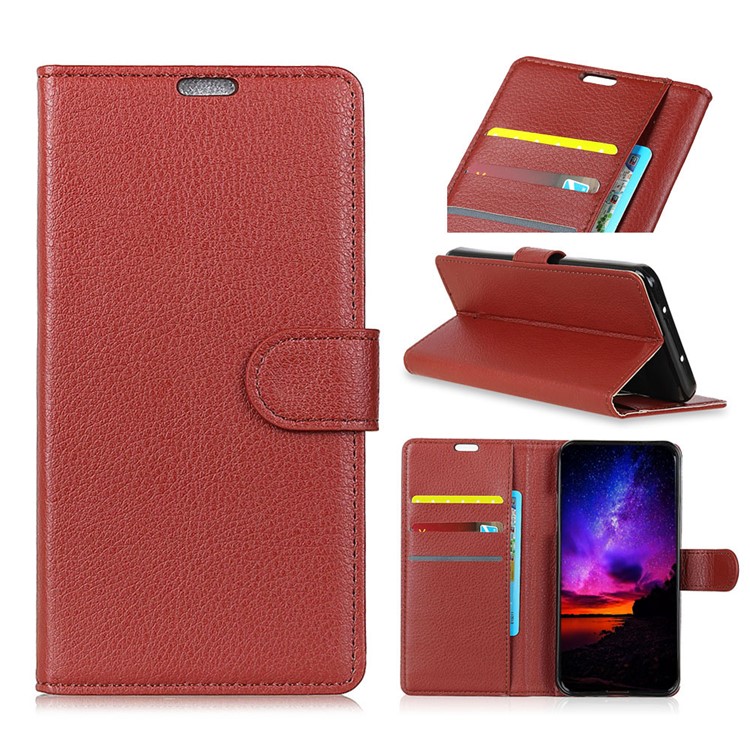 Litchi Skin Leather Wallet Stand Case for Sony Xperia 1 - Brown-1