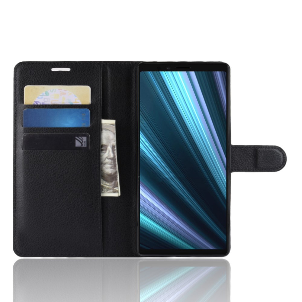 Litchi Skin PU Leather Magnetic Wallet Stand Case for Sony Xperia 1 - Black