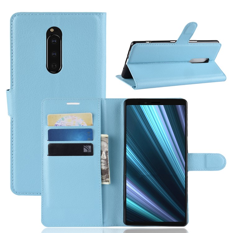 Litchi Skin PU Leather Magnetic Wallet Stand Cell Phone Case for Sony Xperia 1 - Blue-1
