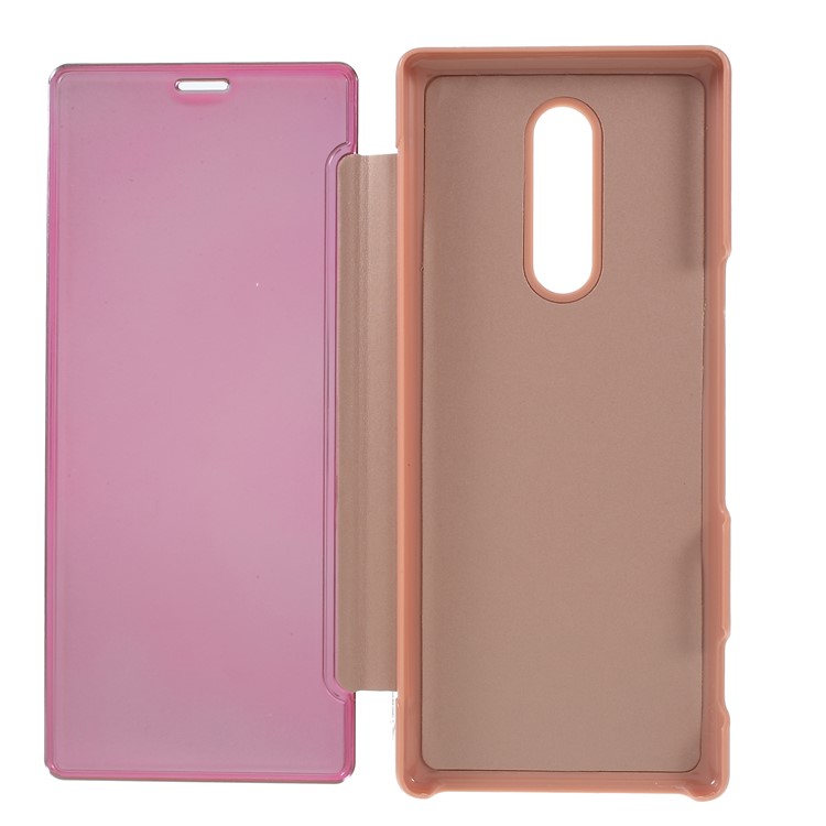 Electroplating Mirror Surface View Window Leather Stand Shell for Sony Xperia 1 - Rose Gold-7