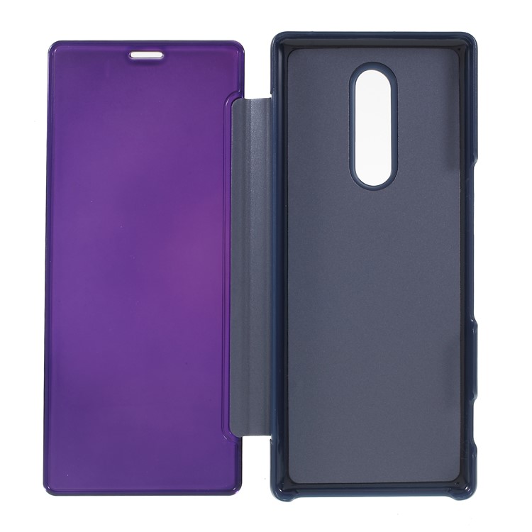 Electroplating Mirror Surface View Window Leather Stand Cell Phone Case for Sony Xperia 1 - Purple-7
