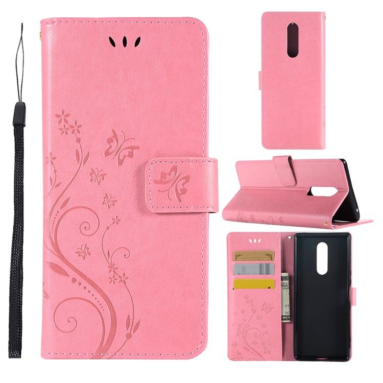 Imprimer Butfly Flower Cuir Portefeuille Hobe de Boîtier Pour Sony Xperia 1 - Rose