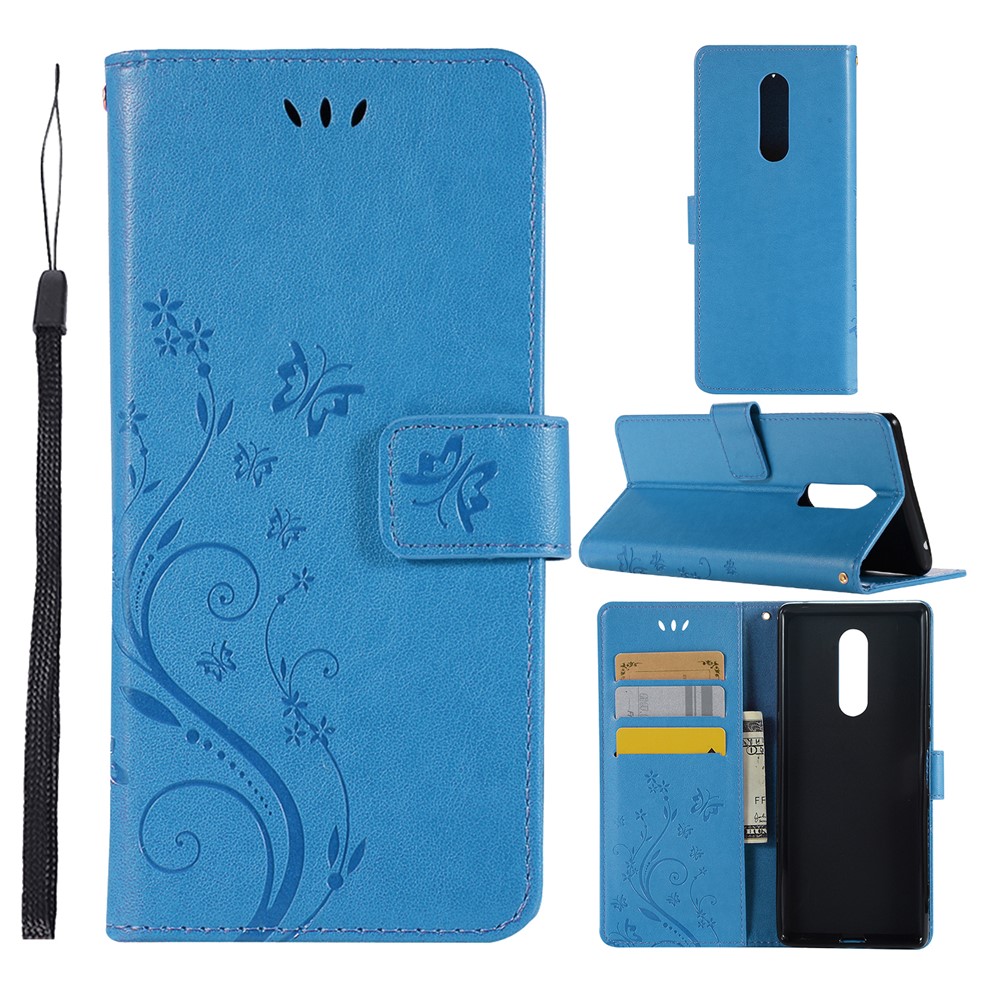 Imprint Butterfly Flower Magnetic Leather Wallet Case for Sony Xperia 1 - Blue-1