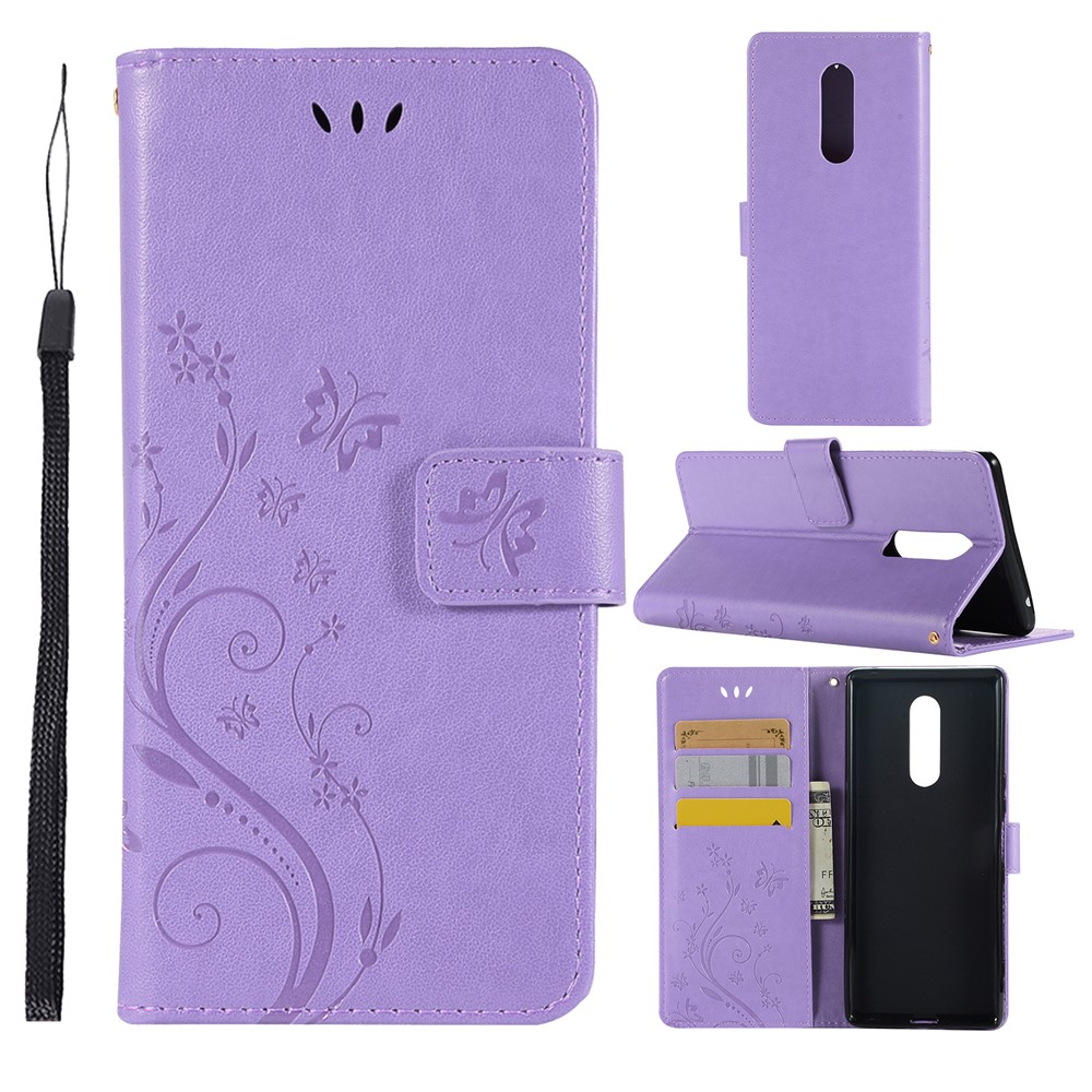 Imprint Butterfly Flower Cell Phone Leather Wallet Case for Sony Xperia 1 - Purple-1