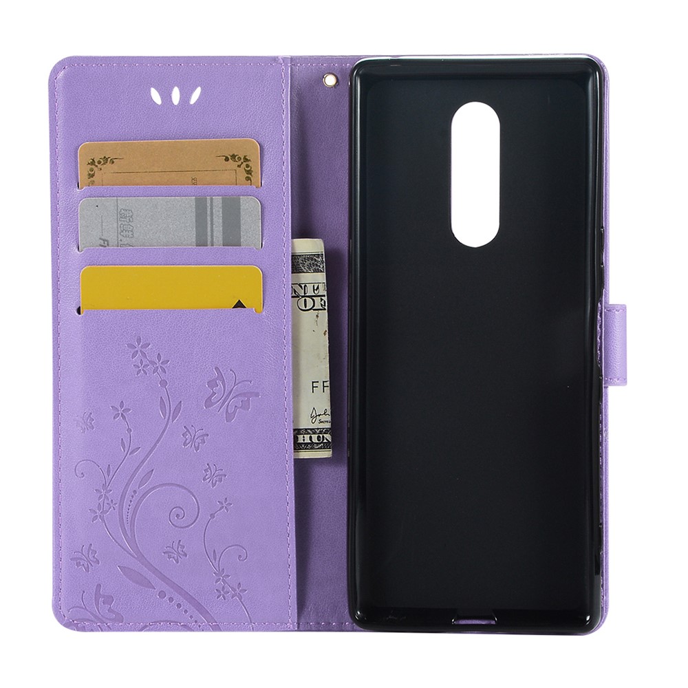 Imprint Butterfly Flower Cell Phone Leather Wallet Case for Sony Xperia 1 - Purple-3