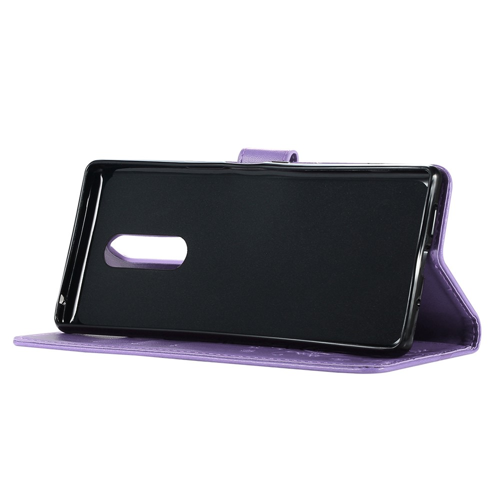 Imprint Butterfly Flower Cell Phone Leather Wallet Case for Sony Xperia 1 - Purple-5