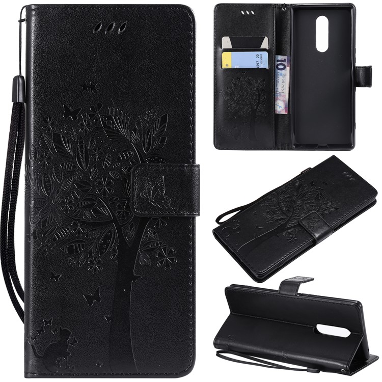 Imprint Cat and Tree PU Leather Flip Case for Sony Xperia 1 - Black-1