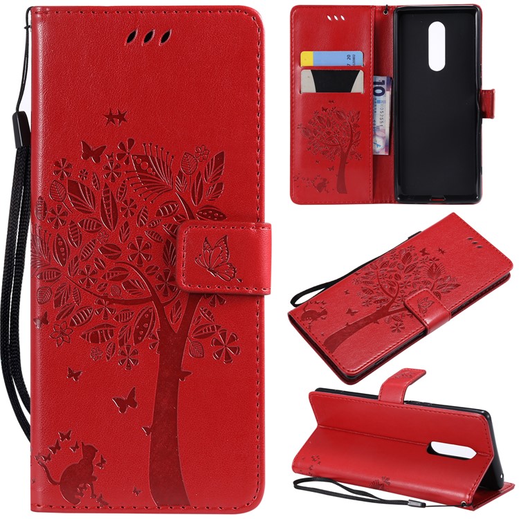 Imprint Cat and Tree PU Leather Flip Cover for Sony Xperia 1 - Red-1