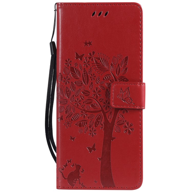 Imprint Cat and Tree PU Leather Flip Cover for Sony Xperia 1 - Red-2