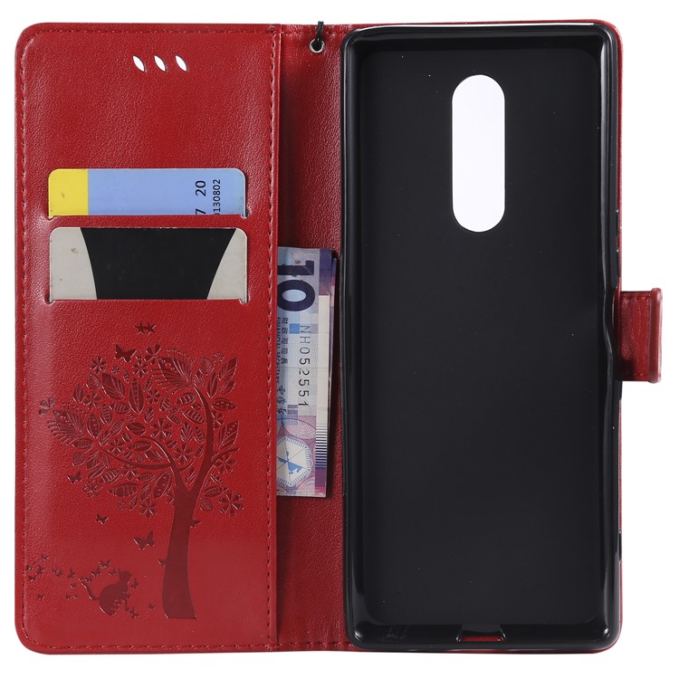 Imprint Cat and Tree PU Leather Flip Cover for Sony Xperia 1 - Red-4
