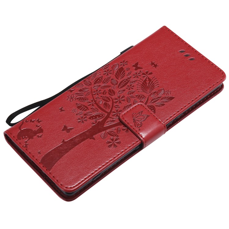 Imprint Cat and Tree PU Leather Flip Cover for Sony Xperia 1 - Red-5