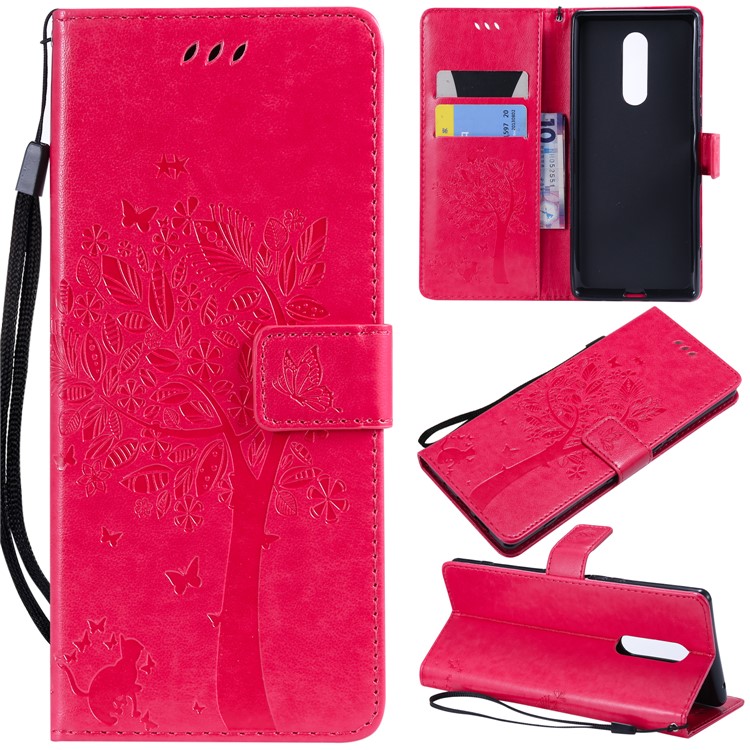 Imprint Cat and Tree PU Leather Phone Casing for Sony Xperia 1 - Rose-1