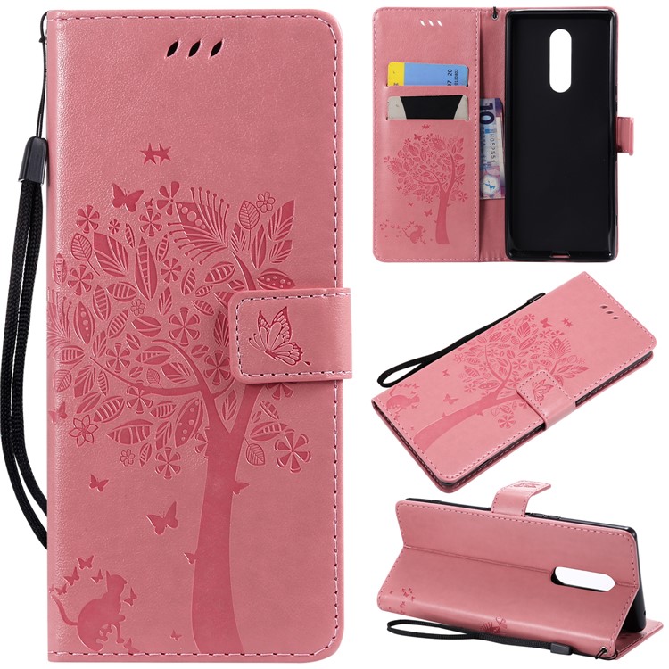 Imprint Cat and Tree PU Leather Mobile Cover for Sony Xperia 1 - Pink-1