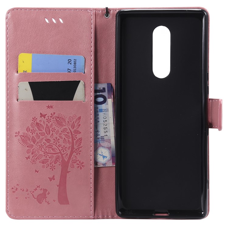 Imprint Cat and Tree PU Leather Mobile Cover for Sony Xperia 1 - Pink-4