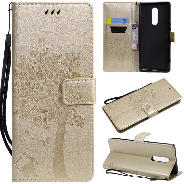 Imprint Cat and Tree PU Leather Protective Shell for Sony Xperia 1 - Gold-1
