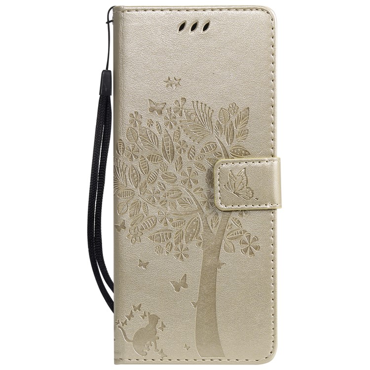 Imprint Cat and Tree PU Leather Protective Shell for Sony Xperia 1 - Gold-2