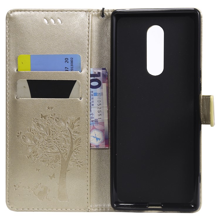 Imprint Cat and Tree PU Leather Protective Shell for Sony Xperia 1 - Gold-4