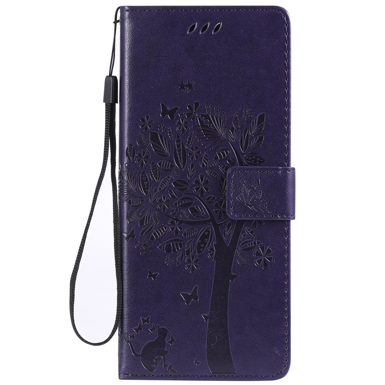 Imprint Cat and Tree PU Leather Protection Cover for Sony Xperia 1 - Deep Purple-2