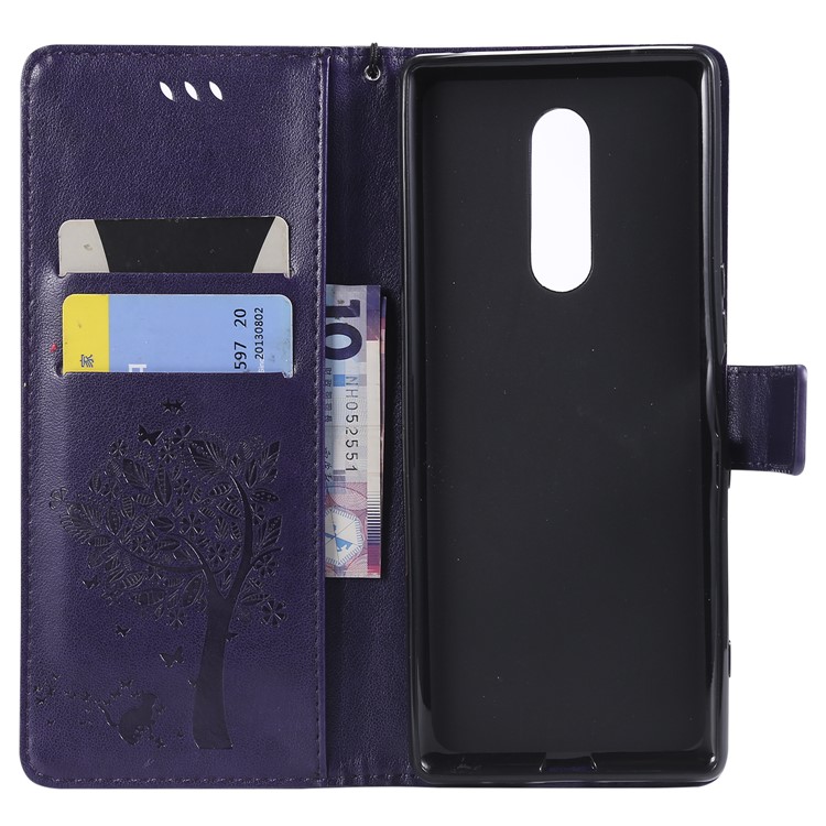 Imprint Cat and Tree PU Leather Protection Cover for Sony Xperia 1 - Deep Purple-4
