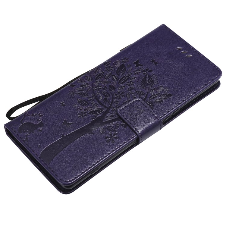 Imprint Cat and Tree PU Leather Protection Cover for Sony Xperia 1 - Deep Purple-5