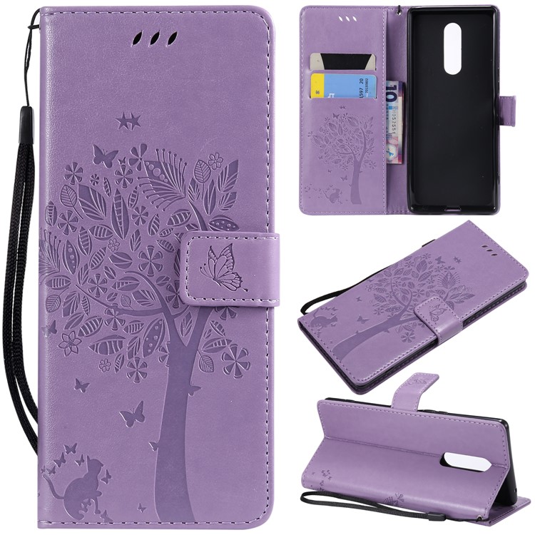 Imprint Cat and Tree PU Leather Protection Case for Sony Xperia 1 - Light Purple-1