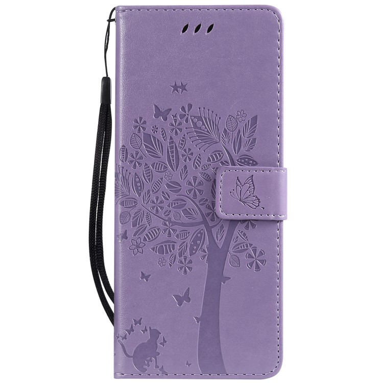 Imprint Cat and Tree PU Leather Protection Case for Sony Xperia 1 - Light Purple-2