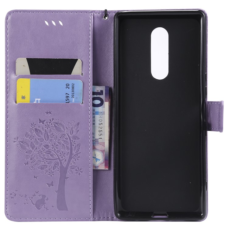 Imprint Cat and Tree PU Leather Protection Case for Sony Xperia 1 - Light Purple-4