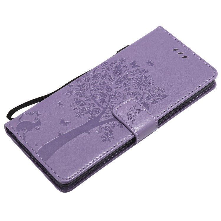 Imprint Cat and Tree PU Leather Protection Case for Sony Xperia 1 - Light Purple-5