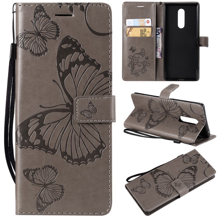 For Sony Xperia 1 Imprint Butterflies Leather Wallet Case with Strap - Grey-1