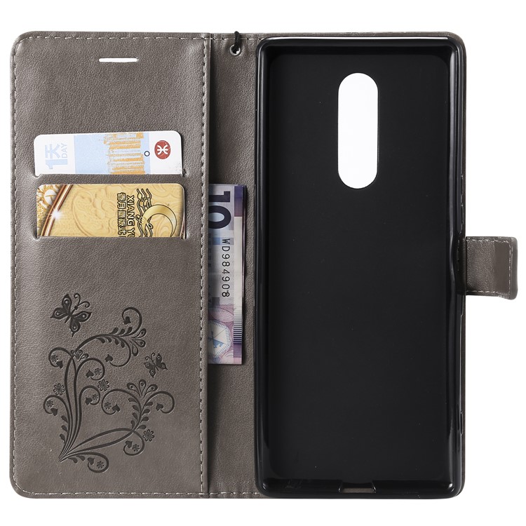 For Sony Xperia 1 Imprint Butterflies Leather Wallet Case with Strap - Grey-6