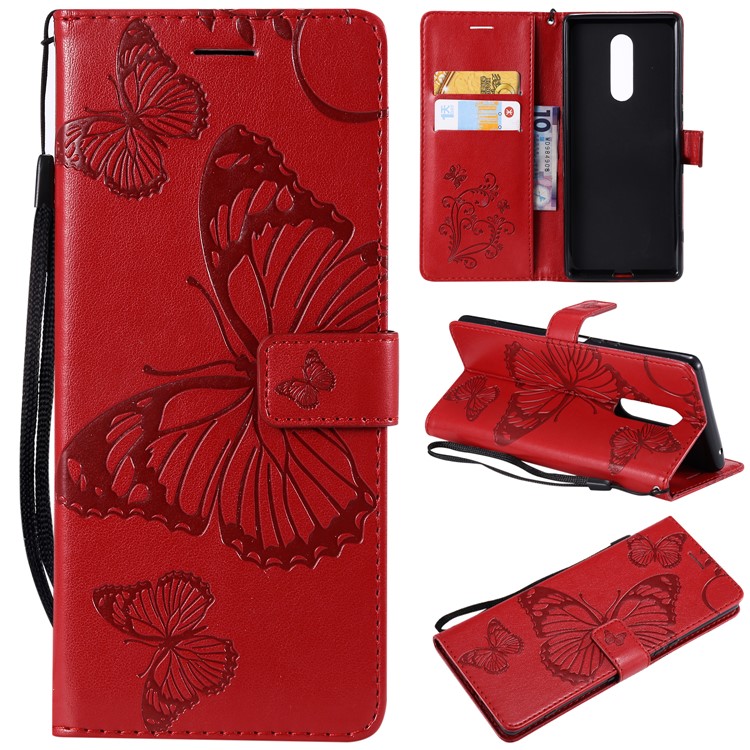 For Sony Xperia 1 Imprint Butterflies Leather Stand Cover with Strap - Red-1