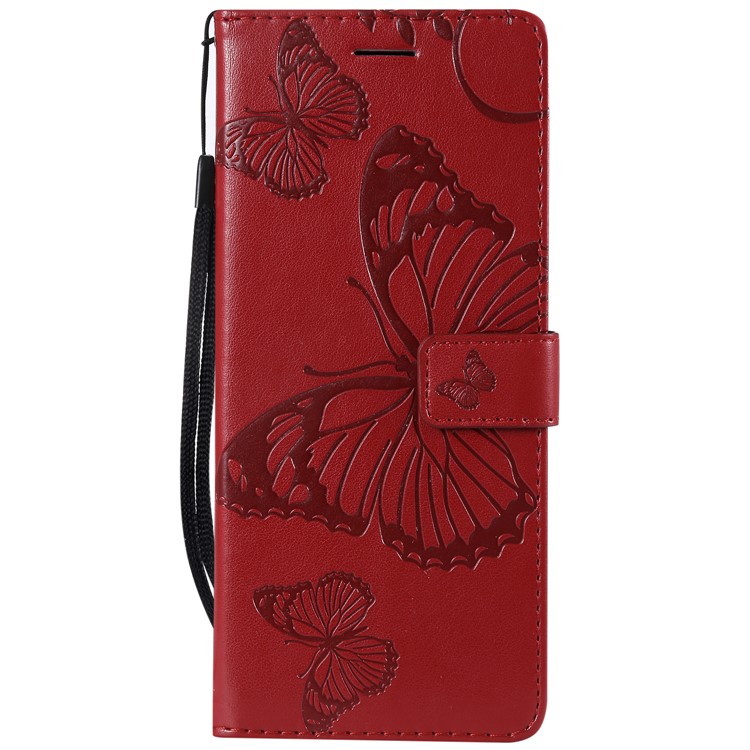 For Sony Xperia 1 Imprint Butterflies Leather Stand Cover with Strap - Red-2