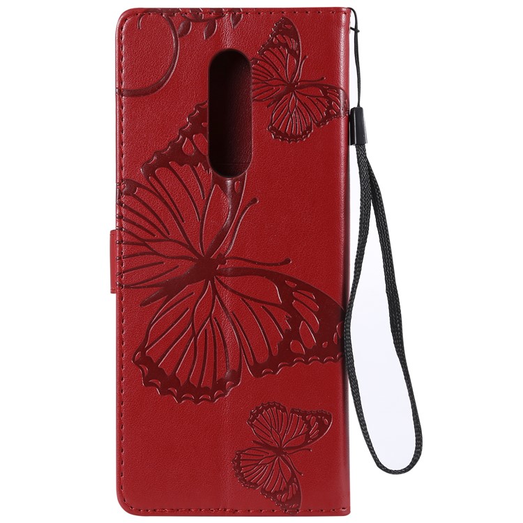 For Sony Xperia 1 Imprint Butterflies Leather Stand Cover with Strap - Red-3