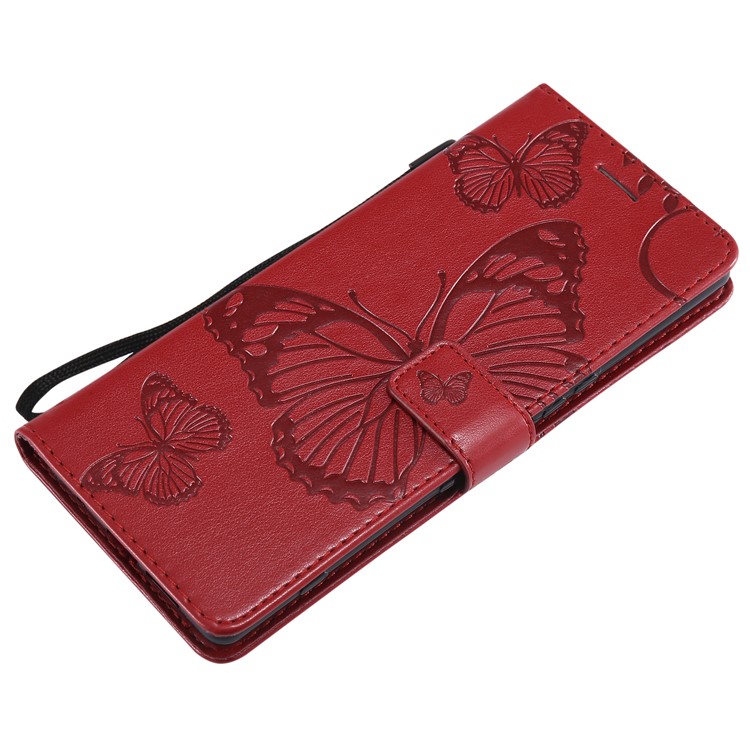 For Sony Xperia 1 Imprint Butterflies Leather Stand Cover with Strap - Red-4