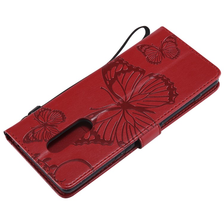 For Sony Xperia 1 Imprint Butterflies Leather Stand Cover with Strap - Red-5