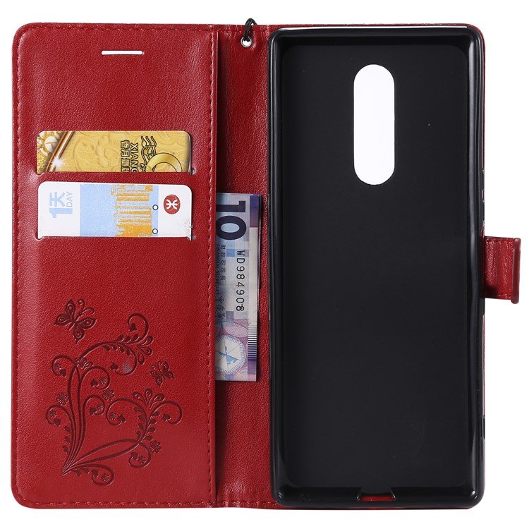 For Sony Xperia 1 Imprint Butterflies Leather Stand Cover with Strap - Red-6