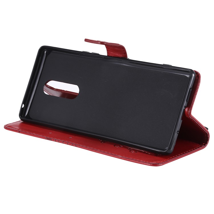 For Sony Xperia 1 Imprint Butterflies Leather Stand Cover with Strap - Red-7