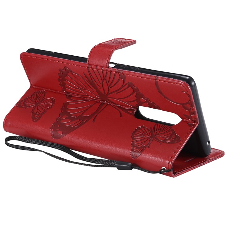 For Sony Xperia 1 Imprint Butterflies Leather Stand Cover with Strap - Red-8