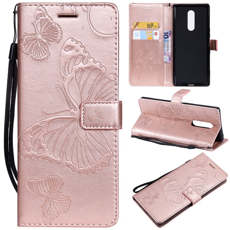 For Sony Xperia 1 Imprint Butterflies Leather Wallet Shell with Strap - Rose Gold-1