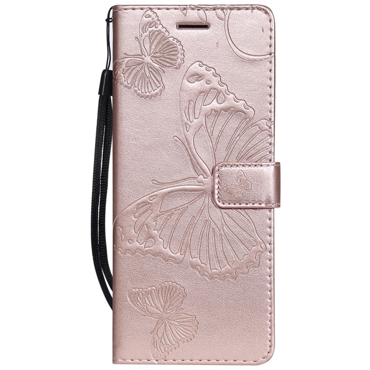 For Sony Xperia 1 Imprint Butterflies Leather Wallet Shell with Strap - Rose Gold-2