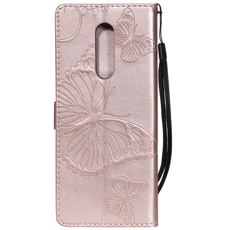 For Sony Xperia 1 Imprint Butterflies Leather Wallet Shell with Strap - Rose Gold-3